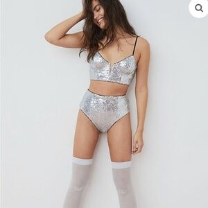 For Love & Lemons Silver Sequin Bra + High-Waist Brief Set – NWT – XS